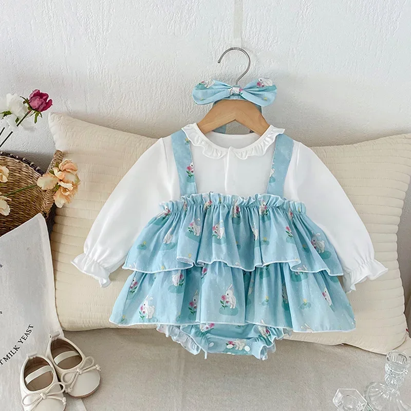 

2024 New Baby Girls' Hare Dress with Long Sleeve Triangle Climbing Infant Kid's Autumn Sweet Bag Fart One-Piece Climbing Clothes