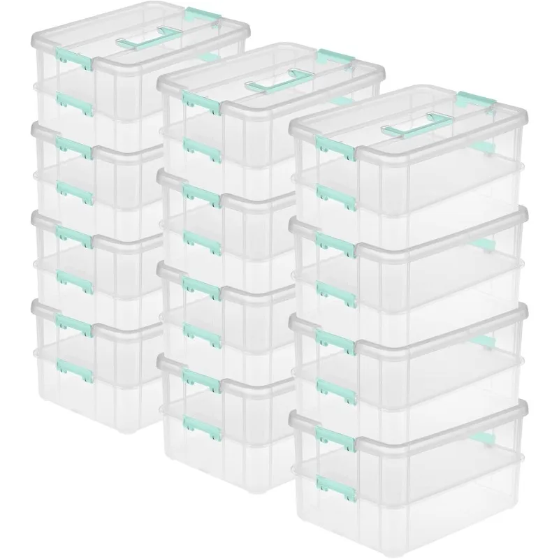 

12-Pack Stack & Carry, 2 Layer Handle Box for Home & Office Storage - Clear Base & Lid with Color Latches, Organizer f