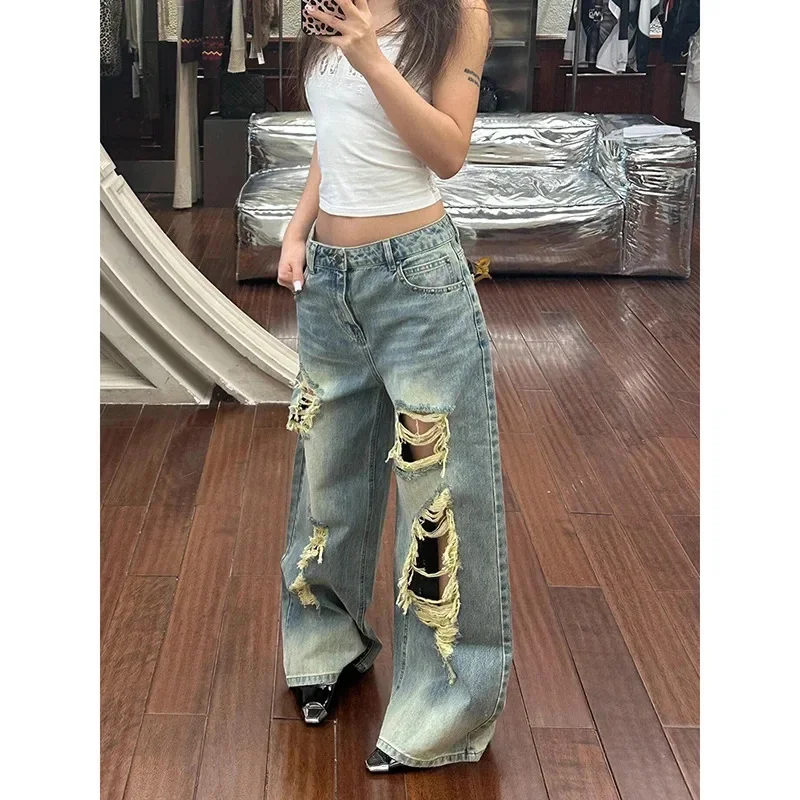 스트리트웨어 아메리칸 레트로 Y2k 찢어진 청바지 여성 하라주쿠 오버사이즈 빈티지 펑크 배기 데님 바지 일본 2000년대 트래시 팬츠