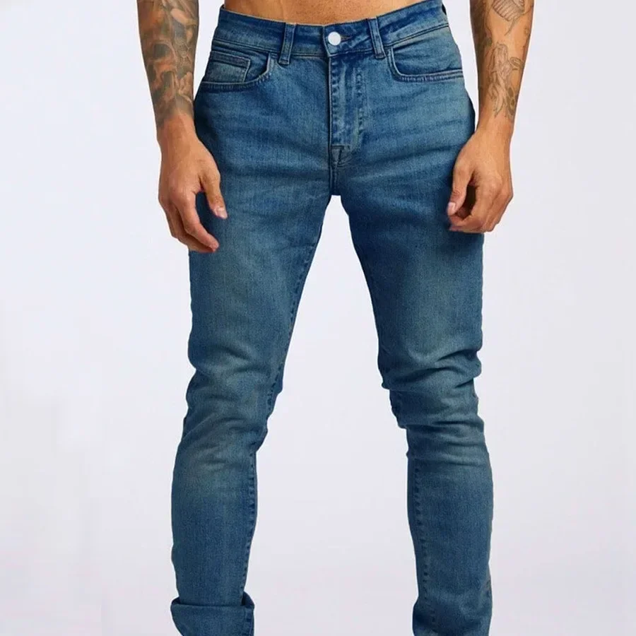 

Men Jeans Long Pant Denim Pants Pockets Splice Slim Fit Solid High Waist Regular Casual Straight Trousers Autumn Winter