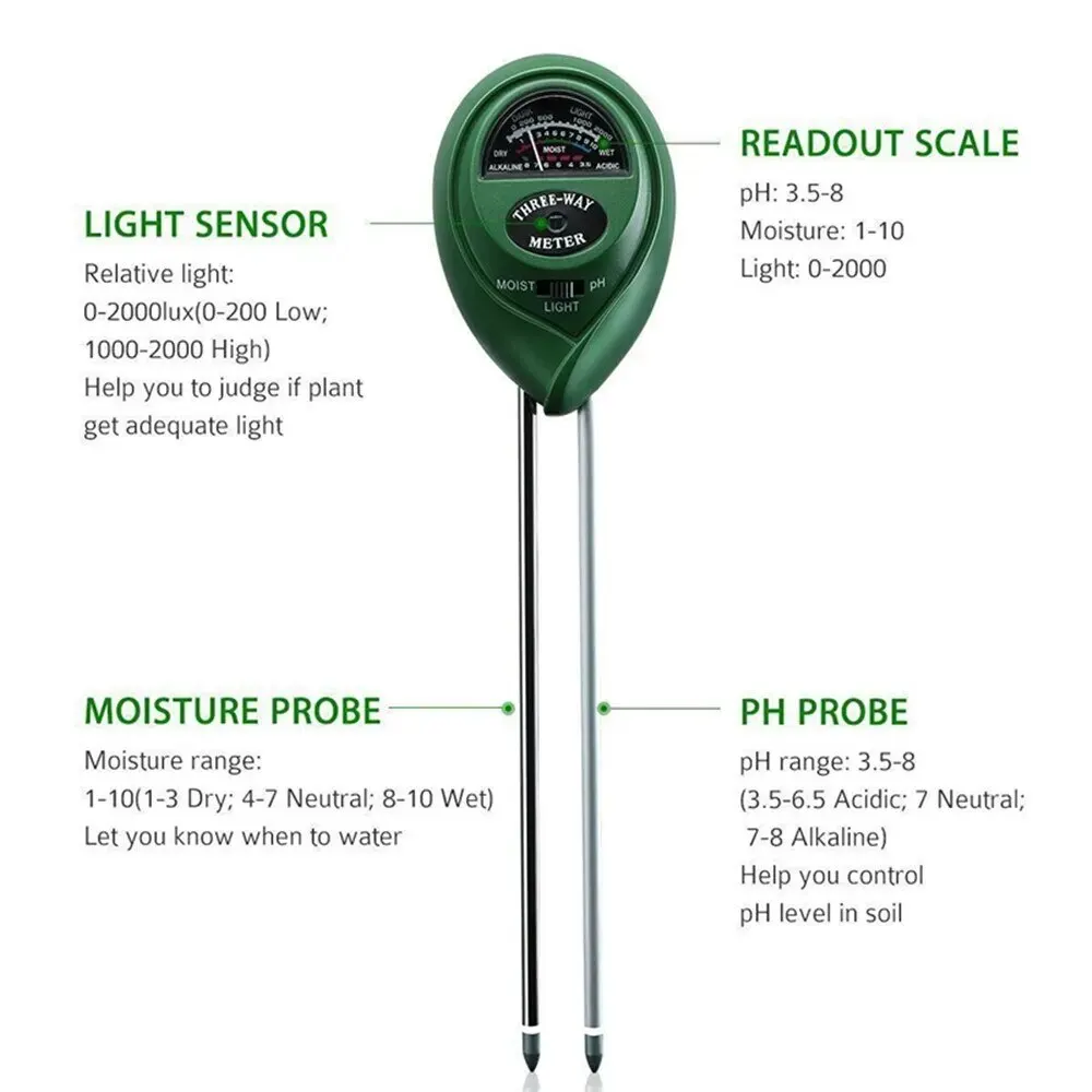 3 In1 Moisture Sunlight PH Meter Soil Water Acidity Humidity Light PH Test Flowers Garden Plants Moist Tester