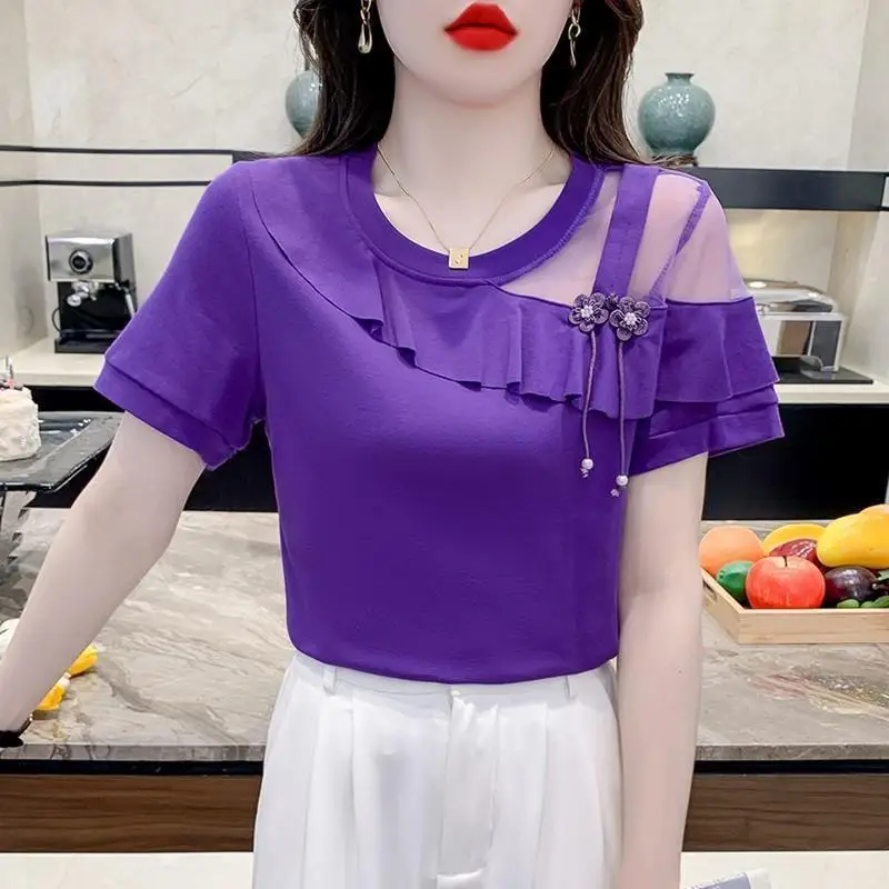 Women\'s Summer 2024 New Korean Commute Sweet Solid Color Spliced Gauze Off Shoulder Ruffles Round Neck Short Sleeve T-shirt Tops