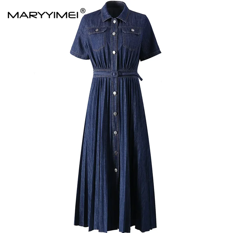 MARYYIMEI Women's Elegant Streetwear Dress Summer Turn-Down Collar Short-Sleeved Single-Breasted Lace-Up Fashion S-3XL Dresses