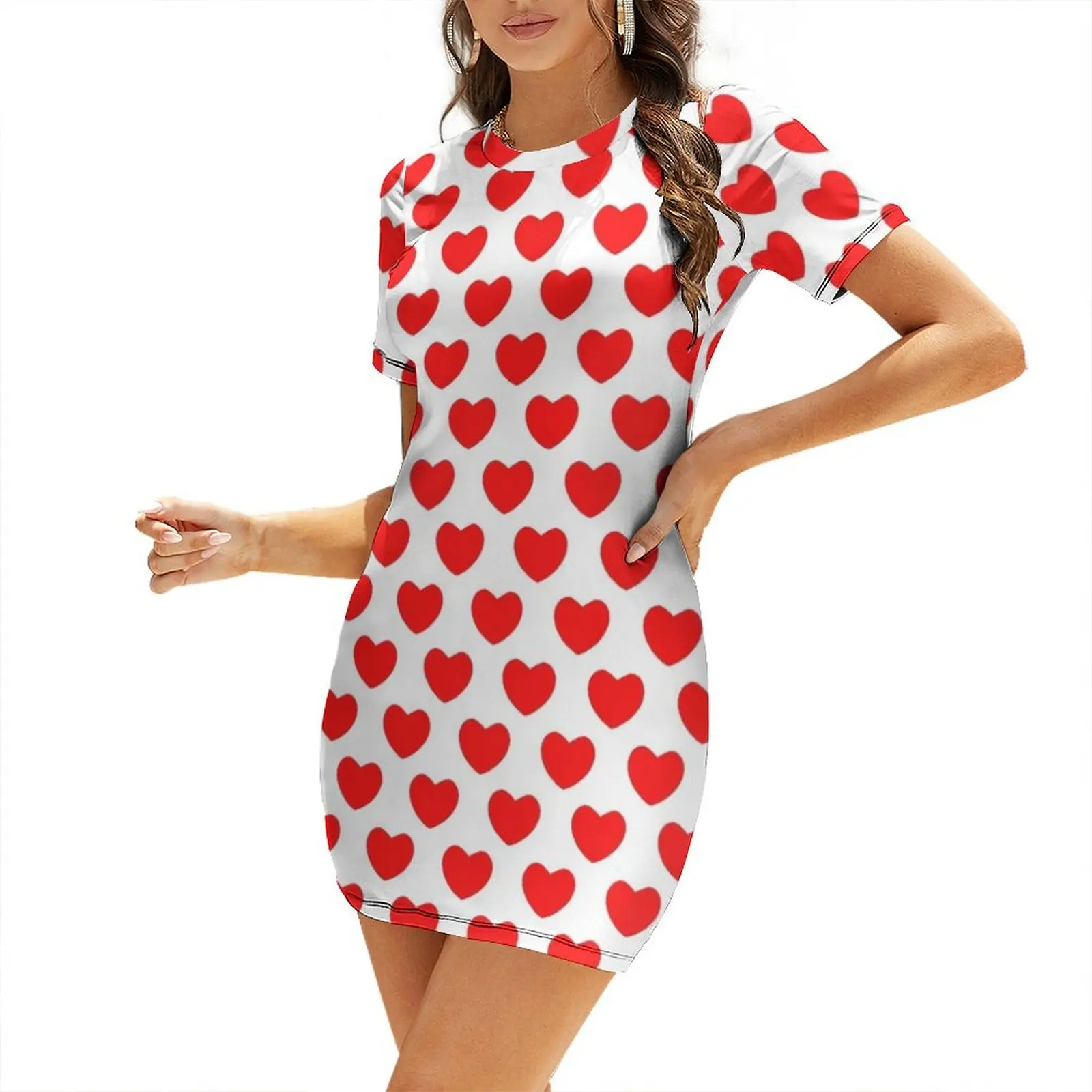 

Red Hearts on White Short Sleeved Dress Woman fashion party dress women elegant luxury