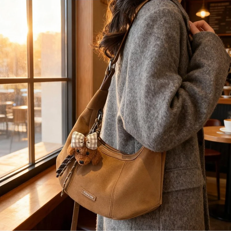 

CEEKAY 2026 Faux Suede Hobo Bag, Cute Bear Charm Adjustable Strap Shoulder Bag, Casual Daily Tote Purse for Women Hand Bag