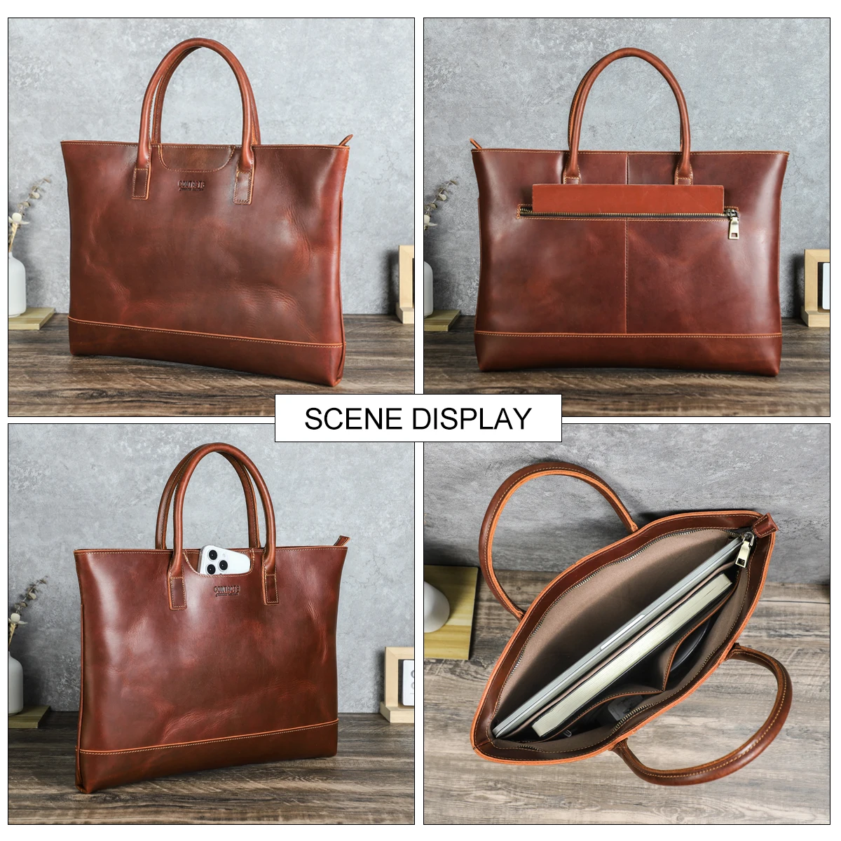 CONTACT'S Genuine Leather Tote Business Bag for Men Briefcase Portfolio Bag A4 Document Bag Tote Laptop Bags for 15
