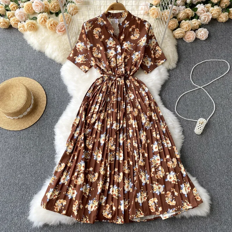 Robe longue à bandes pour femmes, col en v, manches courtes, Slim, Chic, douce, florale, ourlet plissé, robe de vacances, nouvelle collection été 2026
