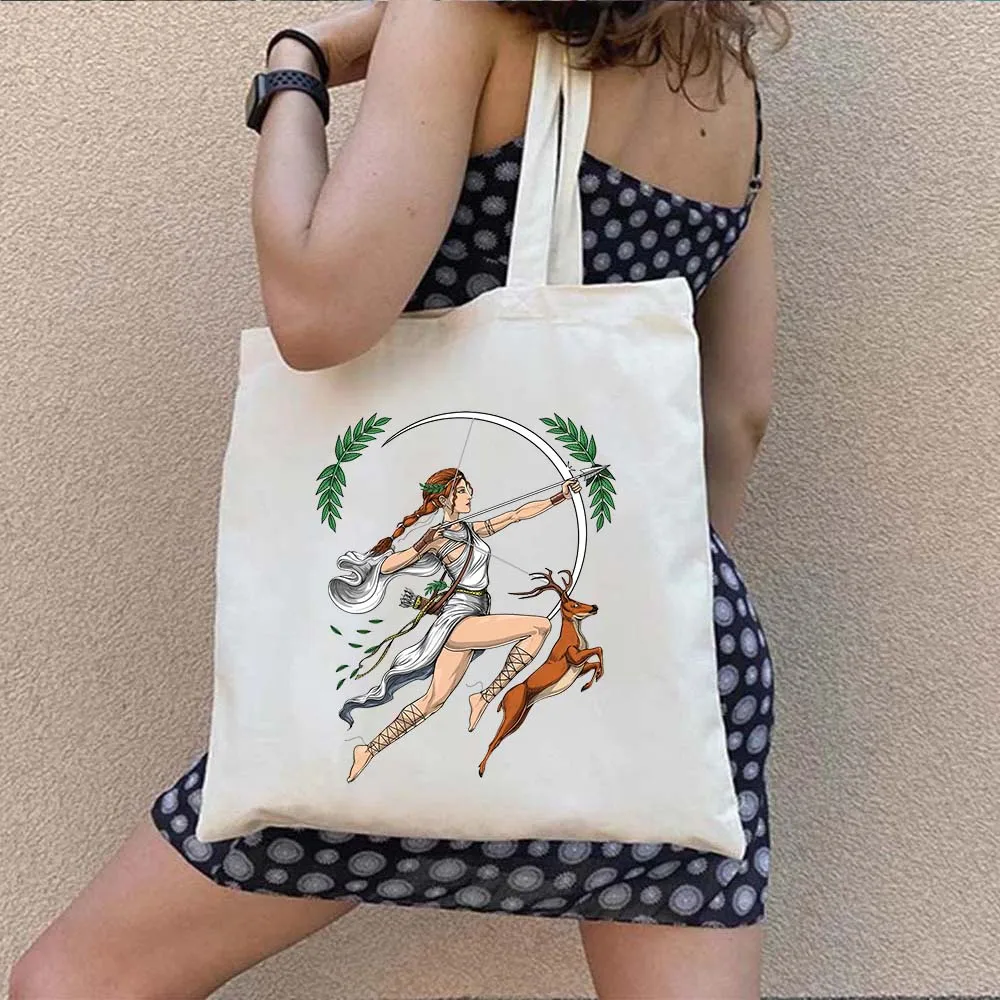 Santorini Greece Emblem Greek Evil Eye Greek Goddess Artemis Island Landscape Shopper Canvas Cotton Totes Bags Shopping Handbags