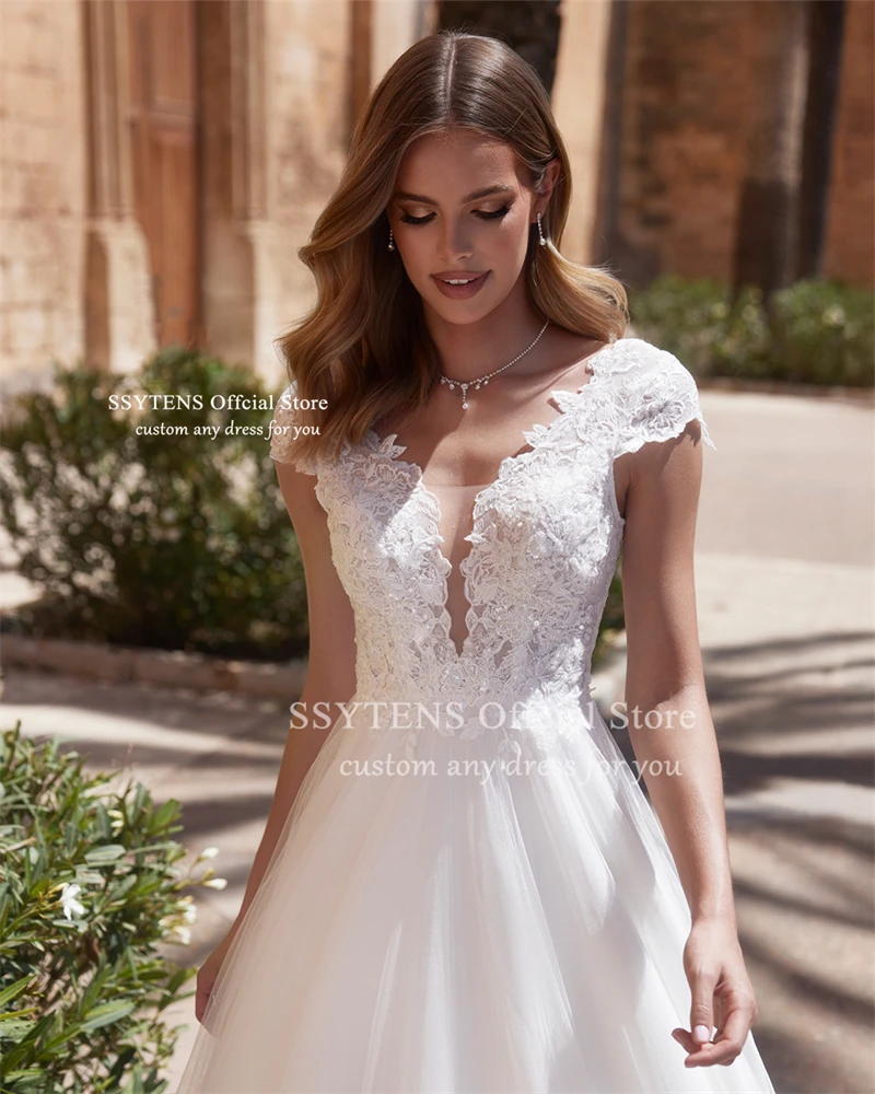 SSYTENS-Vestidos De Novia clásicos De corte a, mangas casquillo, apliques, Espalda descubierta, cuello en V, personalizados