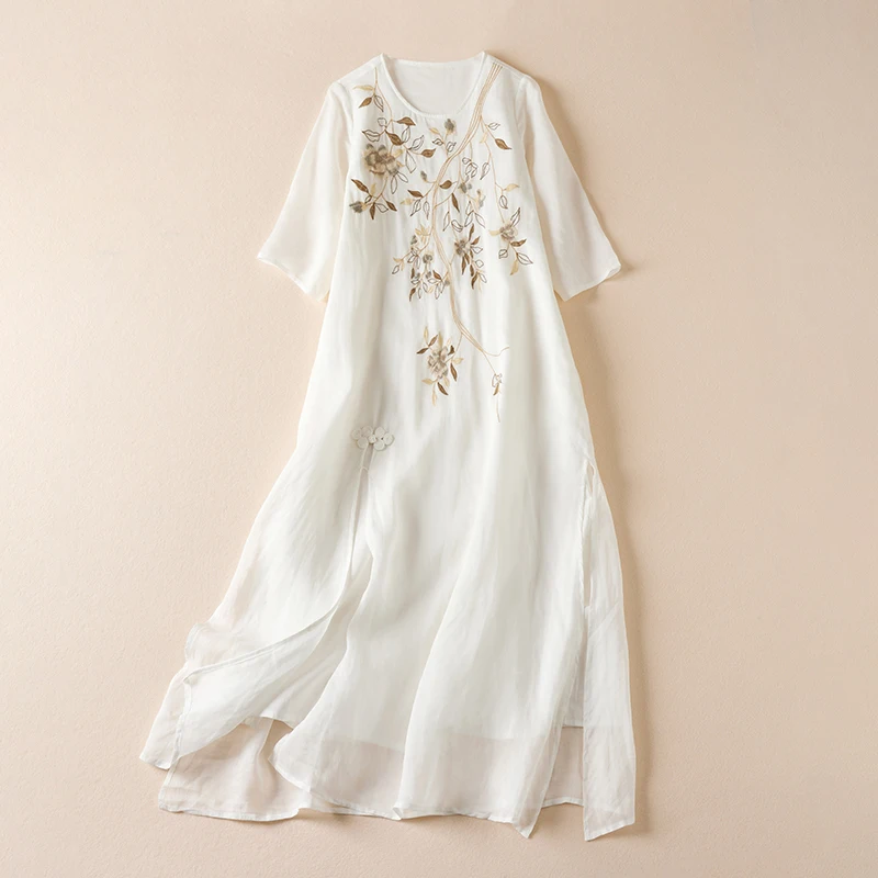 2024 Summer Women Flower Ramie Long Dress Embroidery Round Neck Half Sleeve Loose Casual A Line Soft Vintage Dresses X1013