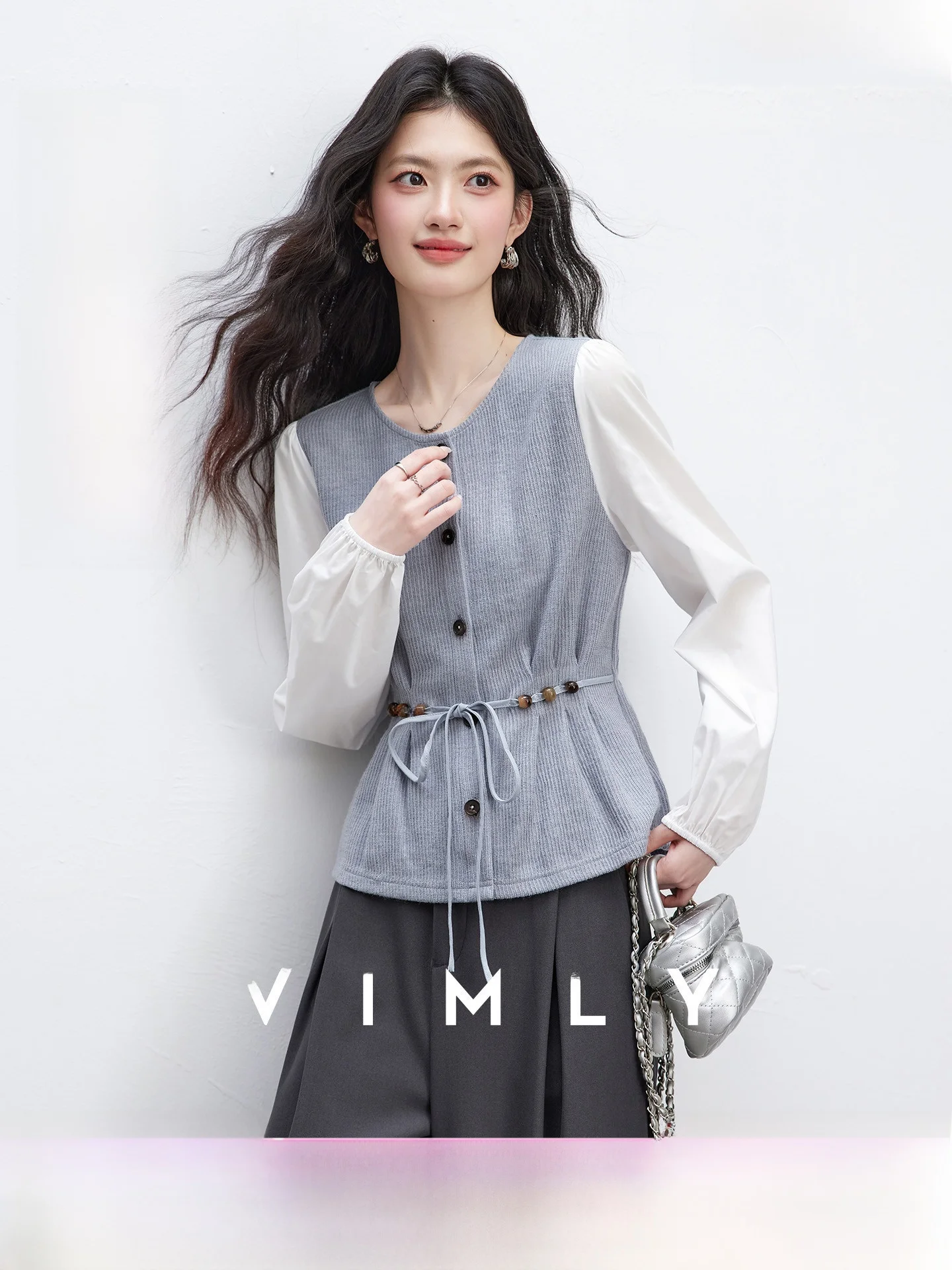 

Fashionable Commuter Blue Grey Women's Shirt Spring 2026 New Style Color Block Bubble Sleeve Waist Cinched Belted Top