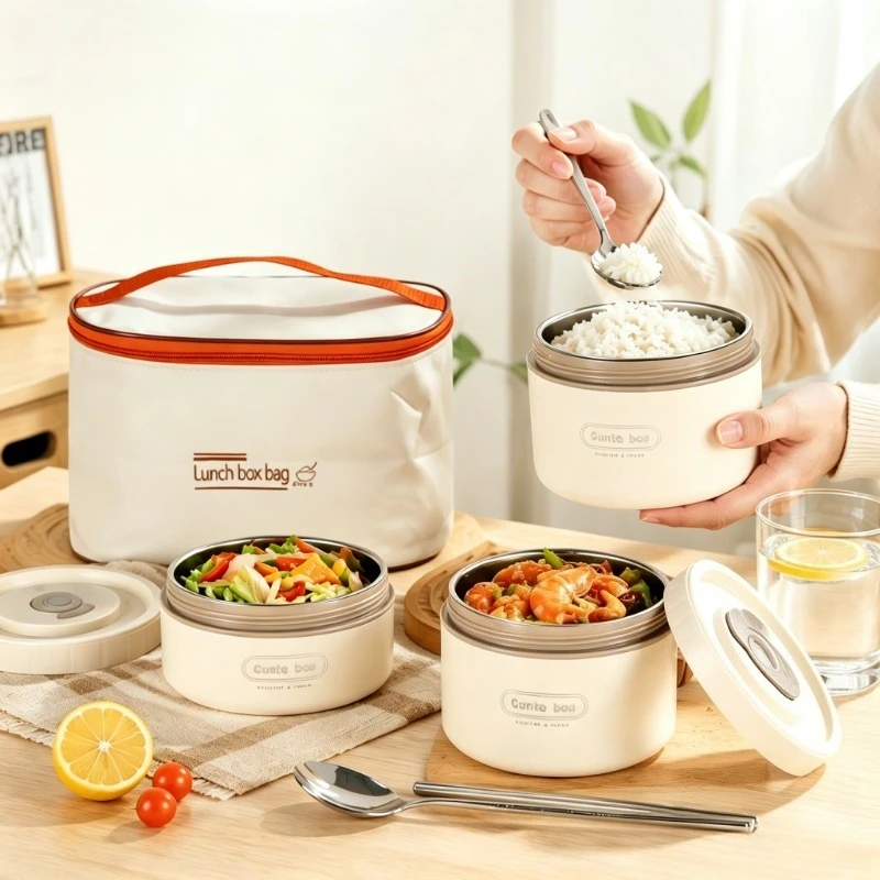 Edelstahl-Isolier-Lunchboxen-Set mit Thermotasche, 4 Stück auslaufsichere runde Lebensmittelbehälter, tragbare Bento-Box mit Löffel und Stäbchen für Büro, Schule, Picknick, Warmhaltefunktion für