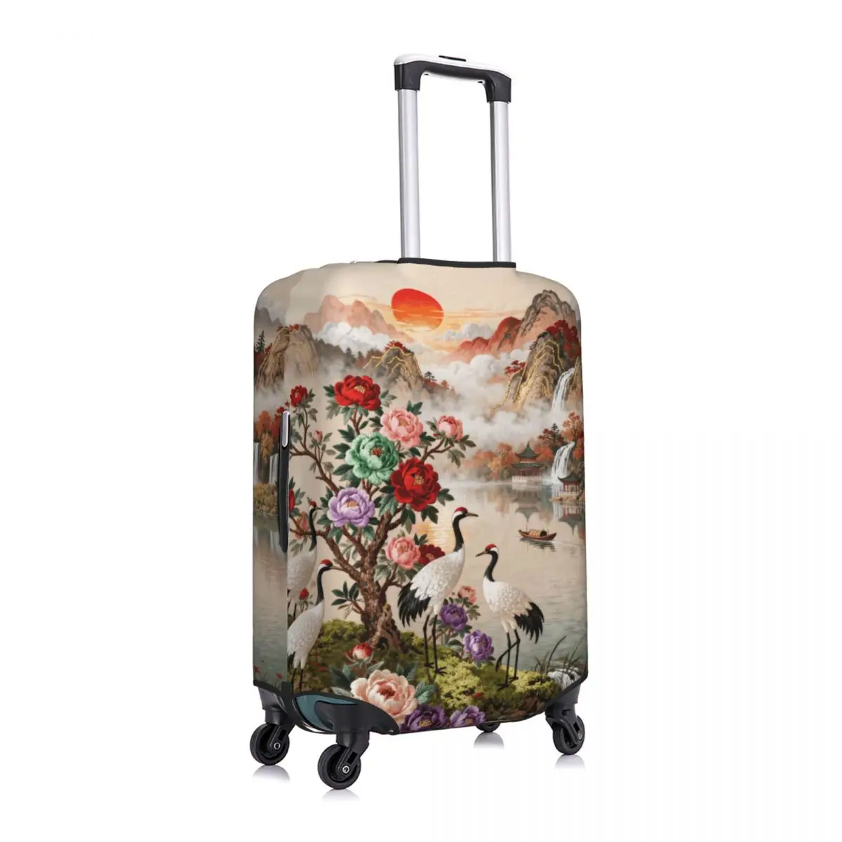 Custom Embroidery Four Crane Peony Sunrise Luggage Cover Protector Cute Travel Suitcase Protective Cover for 18-32 Inch