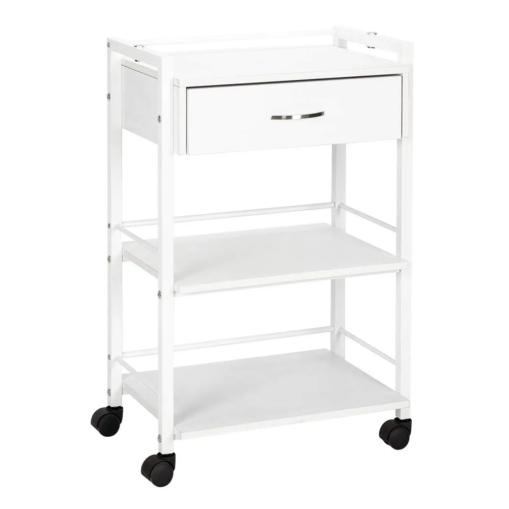 

Salon Trolley Cart for Beauty SPA, Wooden Rolling Storage Station, White Mobile Utility Cabinet with 1 Drawer 2 Trays, Medical E
