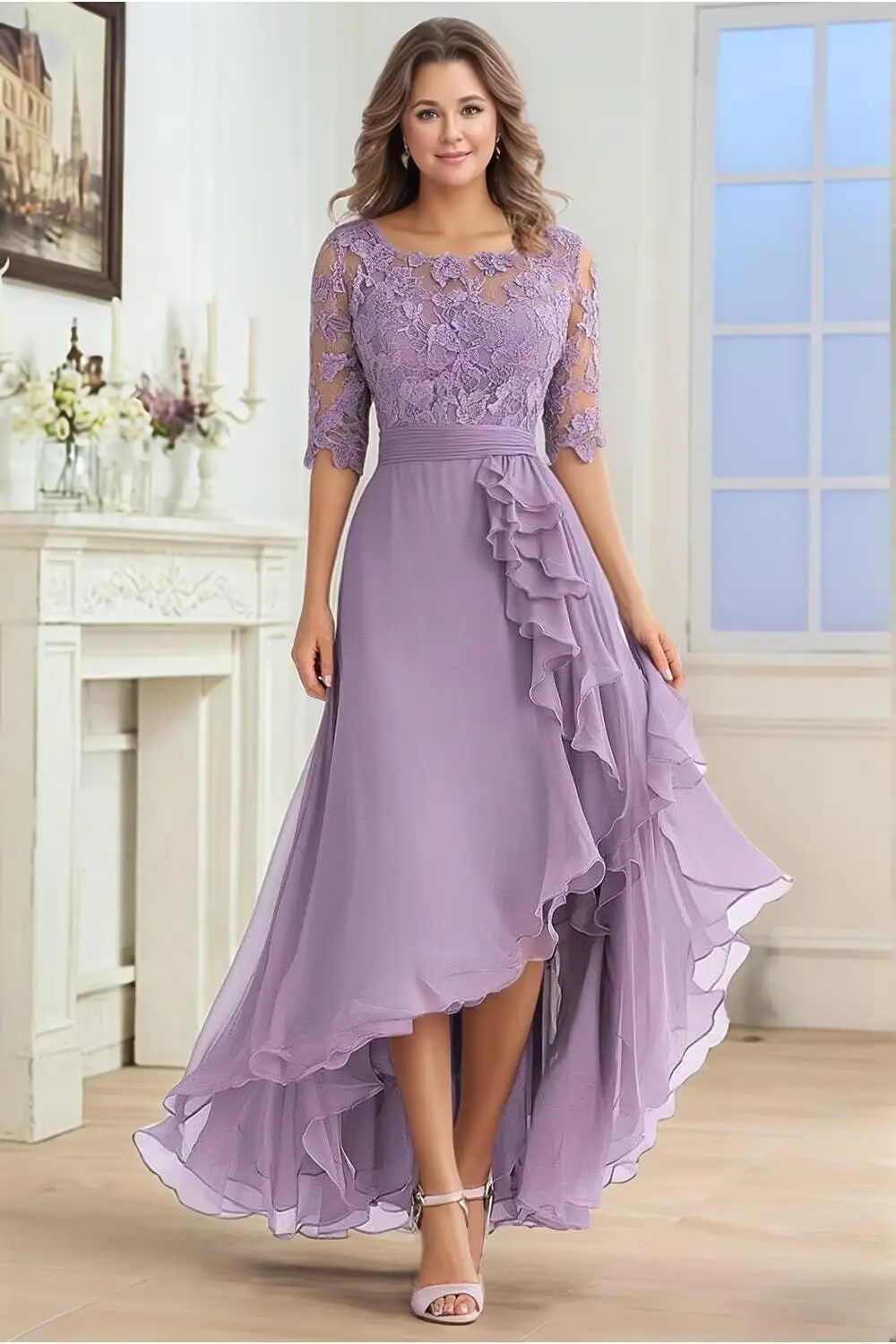 فساتين أم العروس لضيف حفل الزفاف طول الشاي مزين بالدانتيل شيفون نصف كم فساتين سهرة رسمية 996 #3