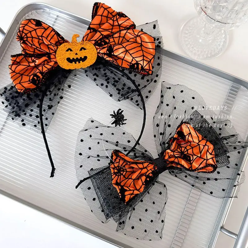 Headband Black Lace Bow Pumpkin Gothic Style Spooky Hair Hoop for Women Girls Halloween Party Costume Accessory Comfortable