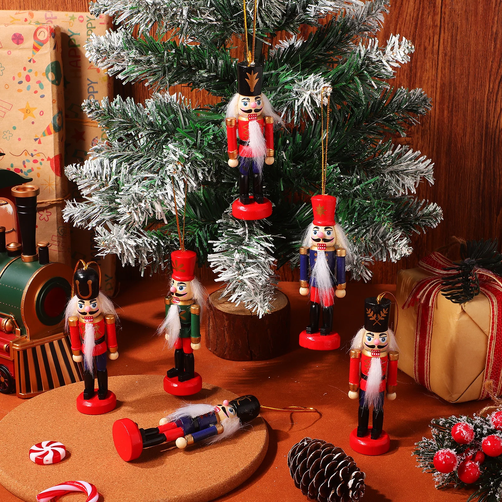 

6pcs Wooden Nutcracker Ornaments Mini Christmas Tree Decoration Set Holiday Hanging Decor For Home Hotel Restaurant Coffee Shop