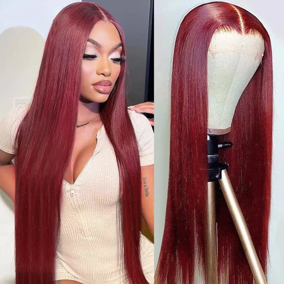 100% Remy Hair 99j Burgundy Bone Straight Wigs Human Hair Red Color 13x6 13x4 HD Lace Frontal Human Hair Wigs For Women 180%