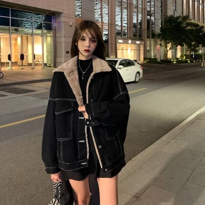 Mulheres denim casaco grosso lapela sólida jaquetas manga cheia único breasted y2k jaqueta solta base casacos bolsos casual inverno 2025