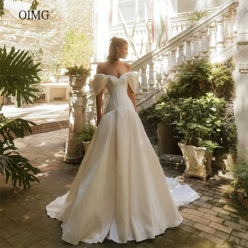 

OIMG Luxurious Satin Off The Shoulder A Line Wedding Dress Long Tail Bride Dresses Modern Floor Length Wedding Gowns Customized