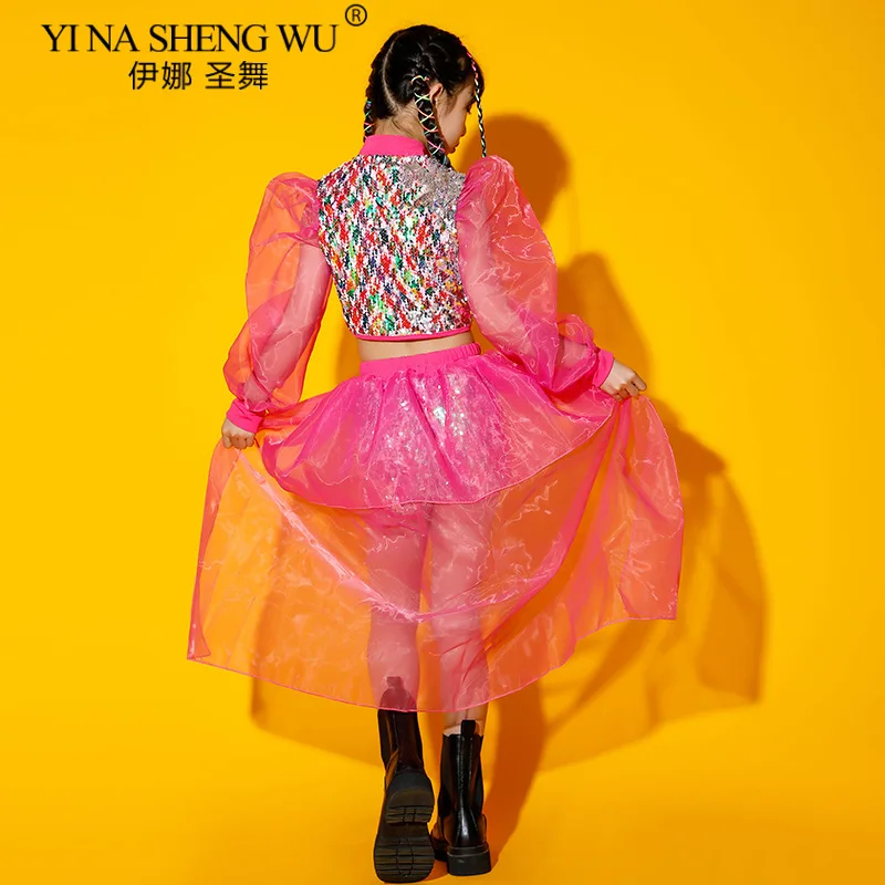 Jazz-Tanzkostüm für Mädchen, bunte Pailletten, Puffärmel, Tanz-Performance-Kleidung, 2026, neuer Kinder-moderner Hip-Hop-Street-Dance-Anzug