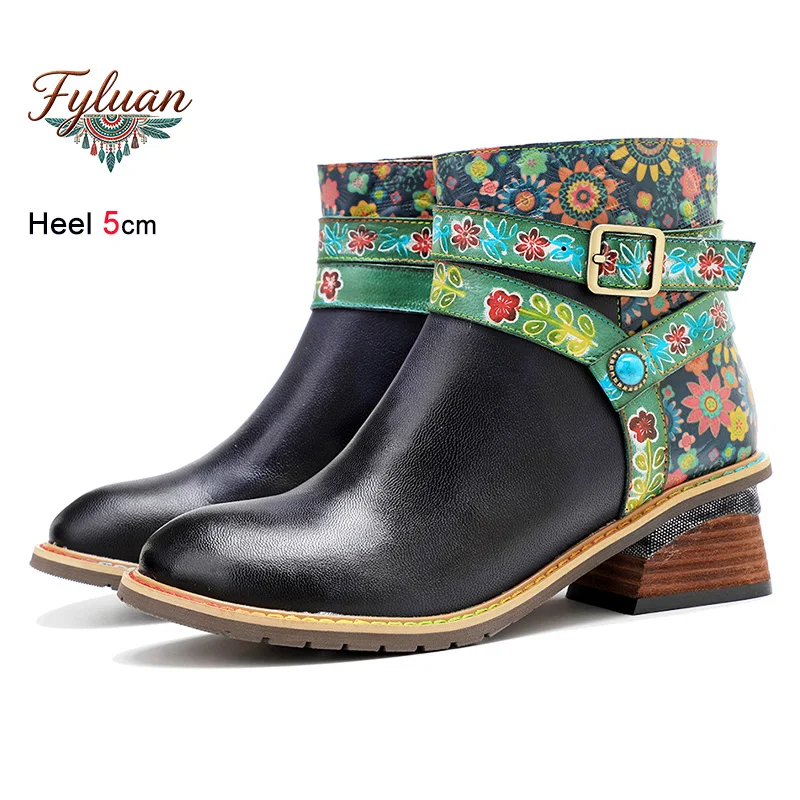 

Spring Autumn Women High Heels 5CM Block Heel Printed Buckle Strap Sheepskin Short Boots Side Zip Woman Shoes Nation Casual Boot