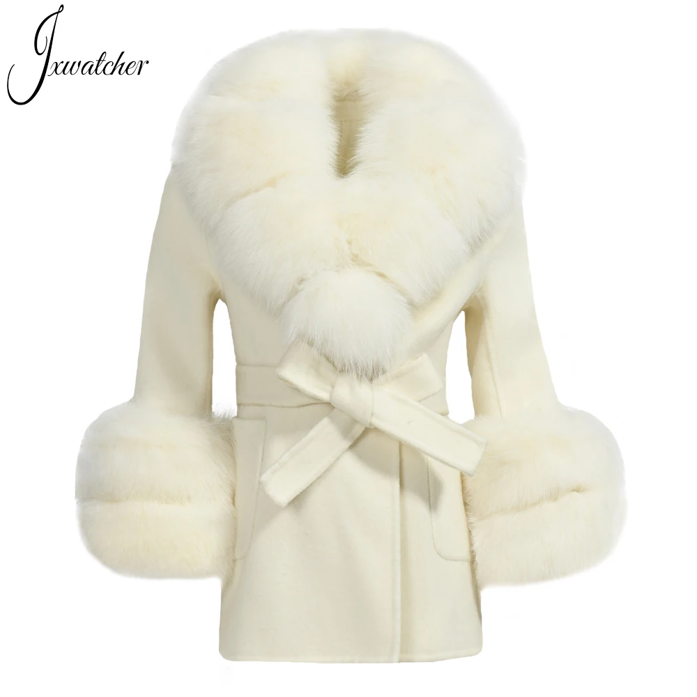 Jxwatcher Children Winter Wool Coat Kids Cashmere Overcoat Big Real Fox Fur Collar Girl Mid-Length Fashion Casual Clothes Autumn