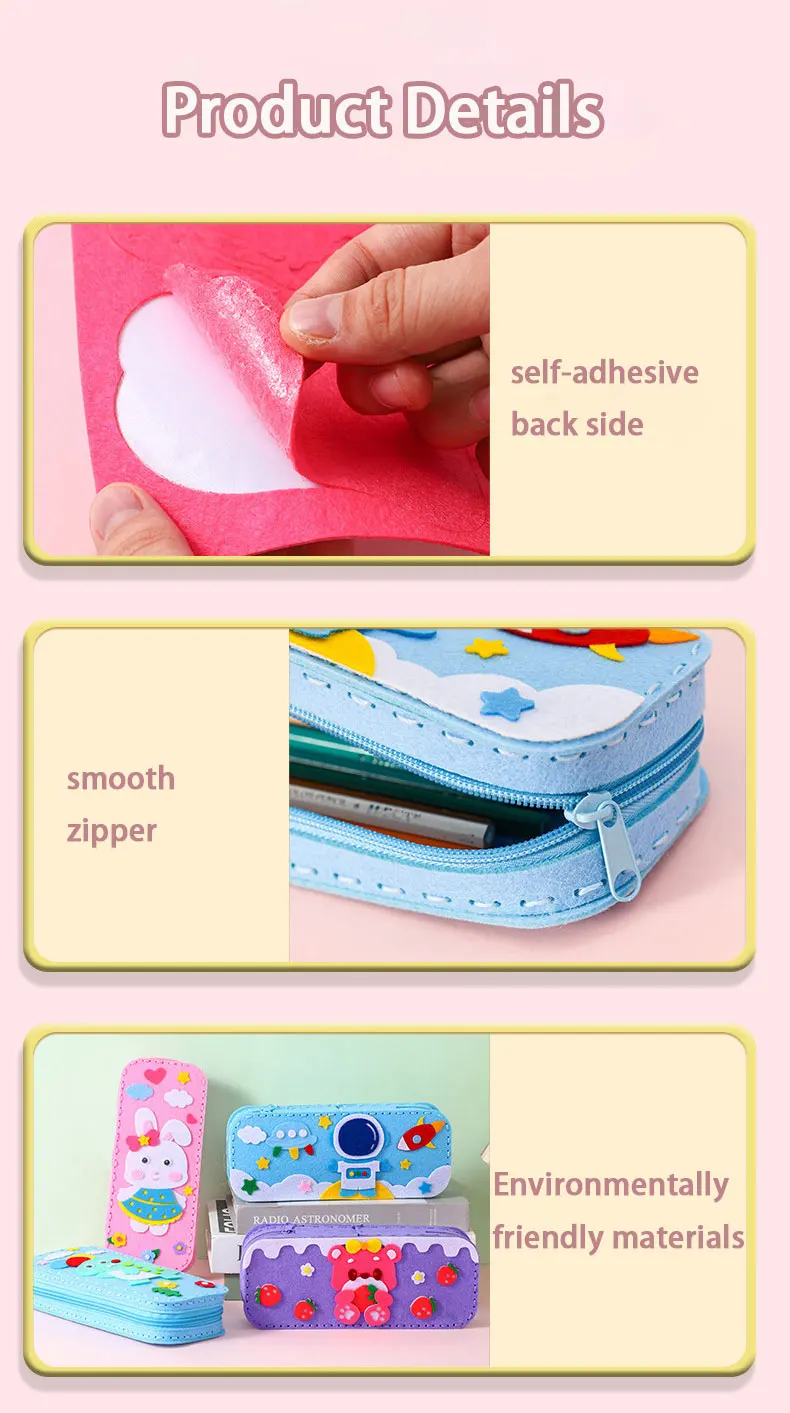 Nähen für Kinder, Schreibwaren-Tasche, handgefertigte Material-Sets, niedlicher Cartoon-Vliesstoff, Schnürung, Federmäppchen, Basteln für Kinder, Kleinkinder – Detail 6