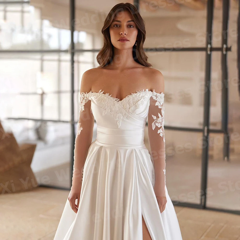 

Sexy A Line Women's Wedding Dresses Off The Shoulder Bride Gowns Lace Appliques Vestidos Customized Split Vestidos De Novia Boda