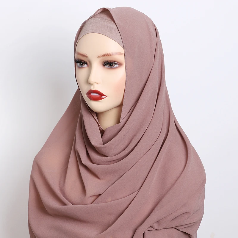 2pc/set Plain Chiffon Hijab Scarf With Stretchy Modal Cotton Turban Cap(1 cap+1plain shawl)