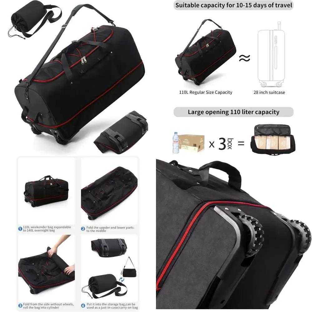 

Expandable 110L to 140L Rolling Duffle Bag with 2 Inline Wheels, Convertible Weekend Travel Bag featuring Bungee-Cord System for