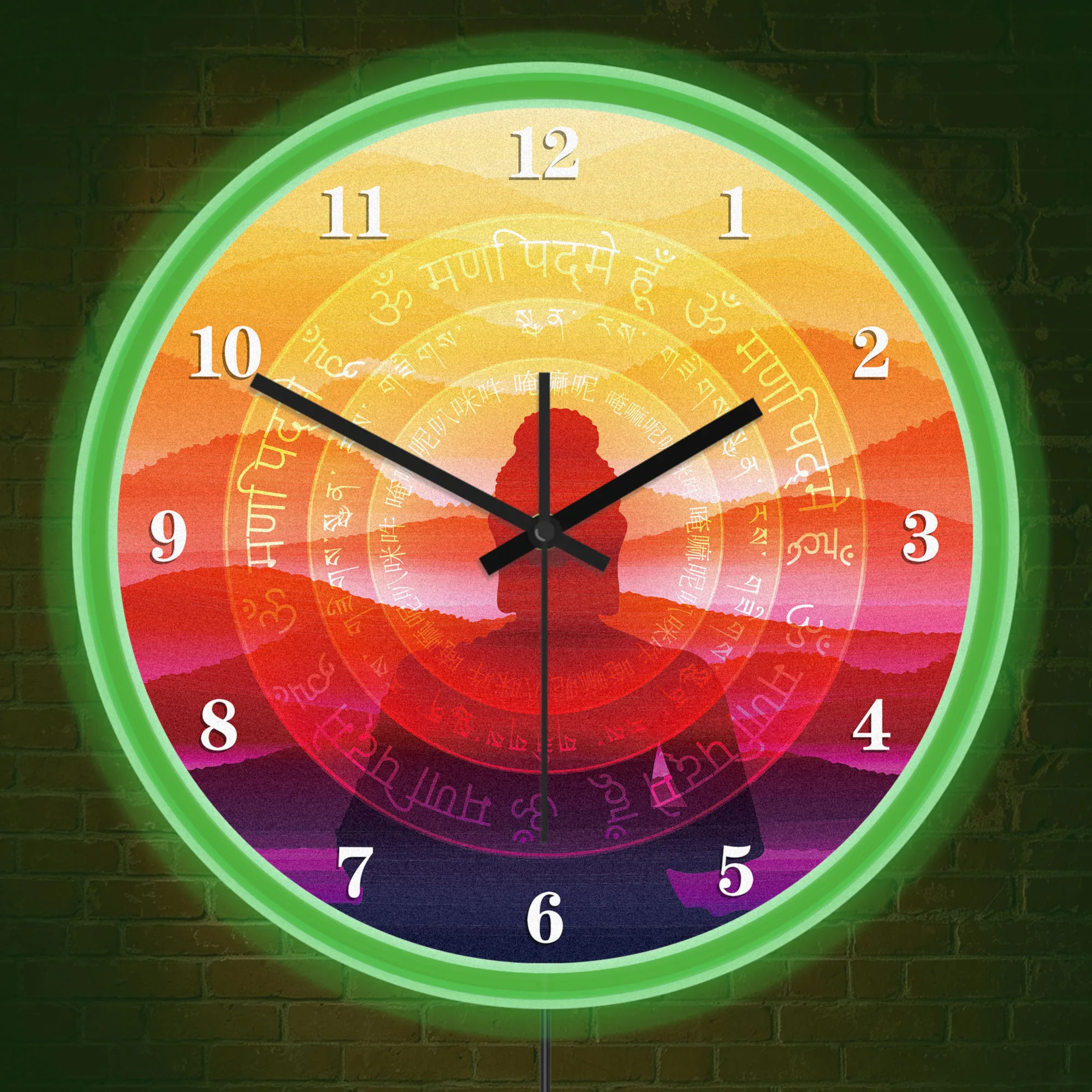 Buddha Silhouette Mantra Mountain Sunset LED Neon Light Wall Clock For Yoga Studio Sanctuary Zen Spiritual Meditation Ornament