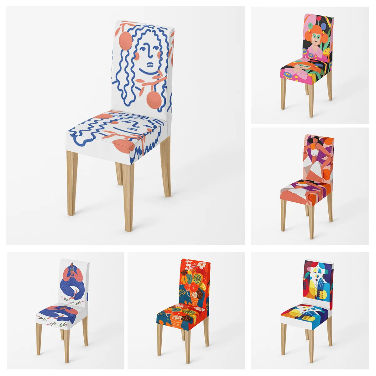 

Simple Style Chair Cover Morandi Plant Figure Illustration Cafe Living Room Non-slip Chair Cover Universal for All Seasons