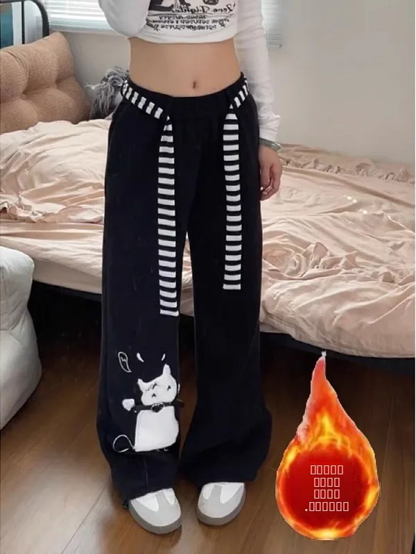 

plus Size American Style Cute Embroidery Thickened Fleece Wide Leg Pants Women's Casual Trousers Autumn Winter Design