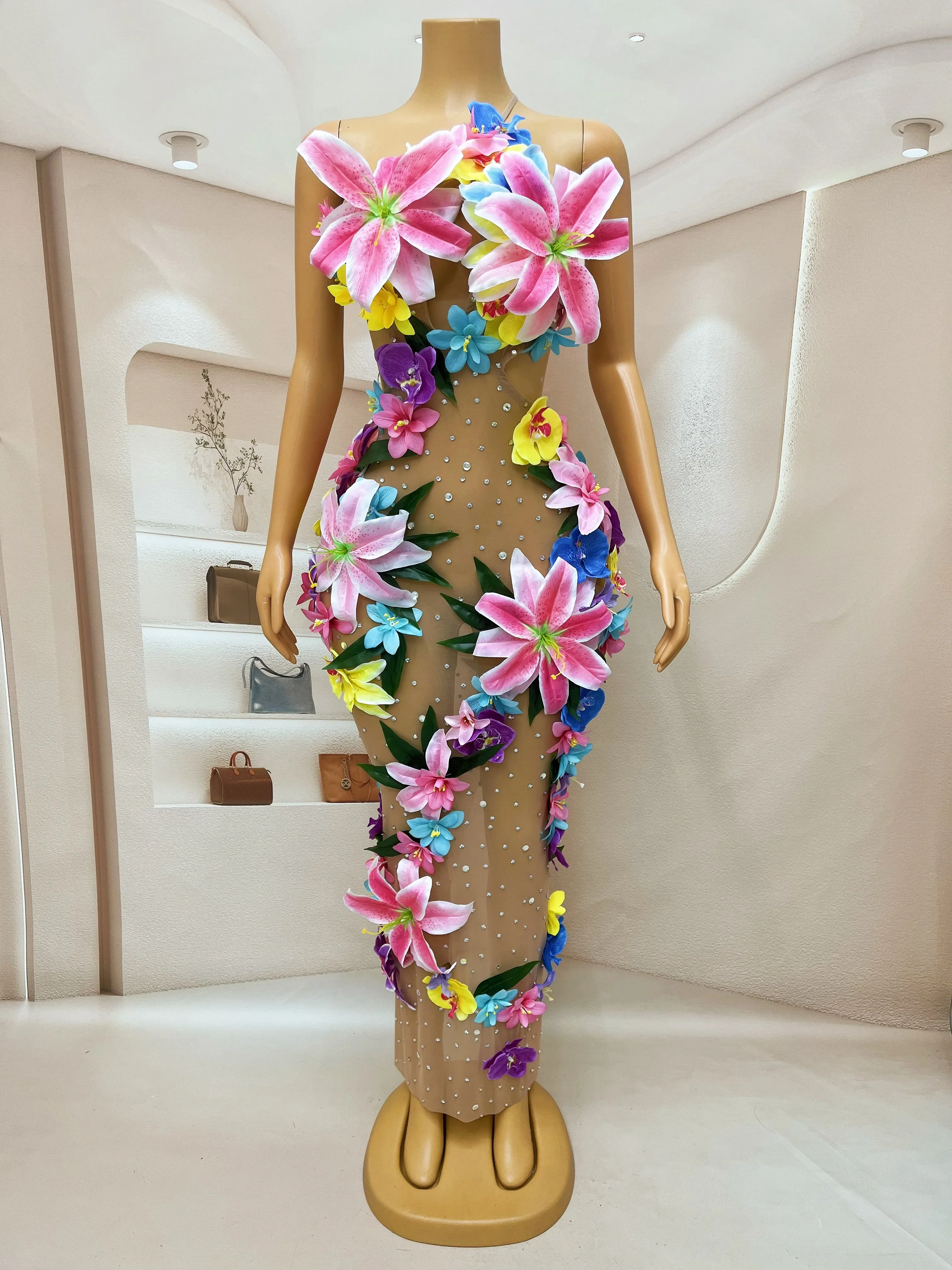 Avond Vieren Luxe Kleurrijke Bloemen Steentjes Backless Jurk Kralen Performance Sexy Dans Outfit Sexy Kostuum Huaduo