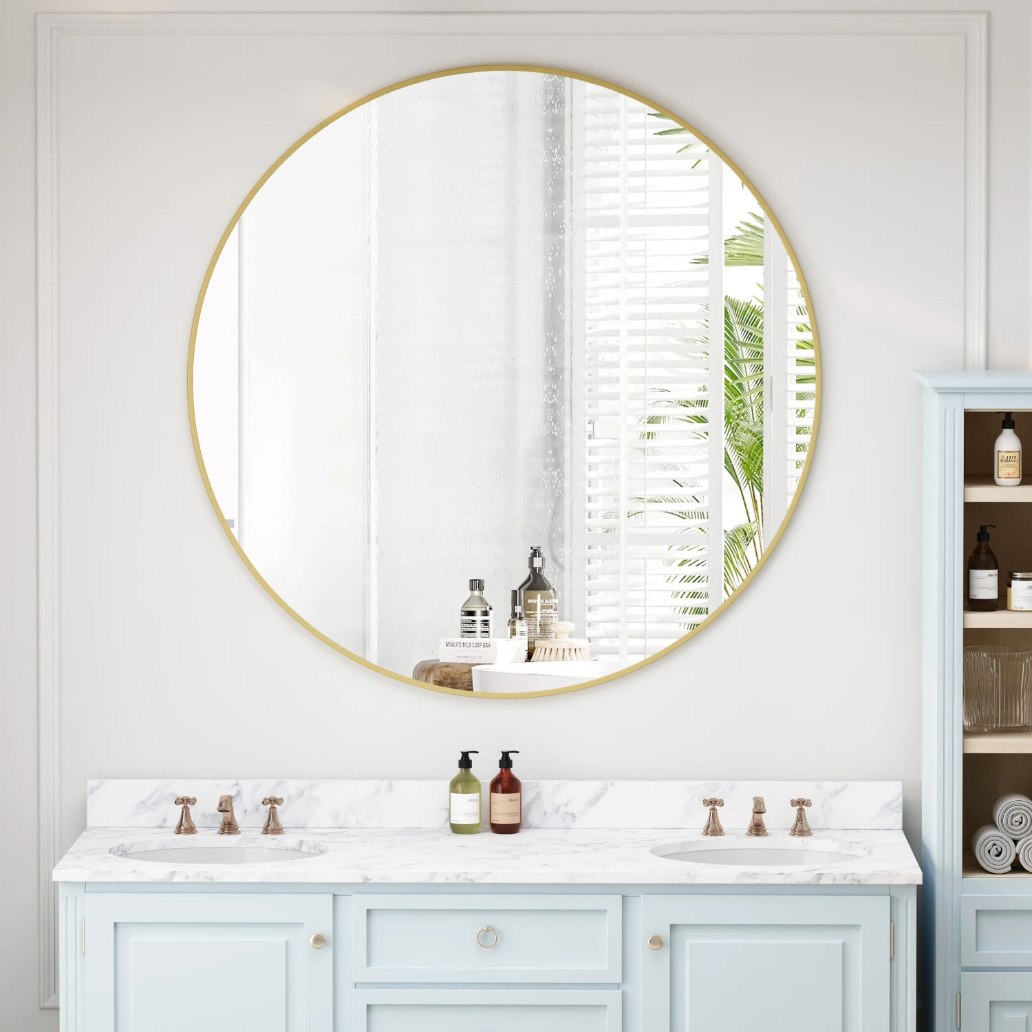 Wall Mirror 42 Inch Gold Circular Mirror Metal Framed Mirror Round Vanity Mirror Dressing Mirror, for Bathroom, Living Room, Bed