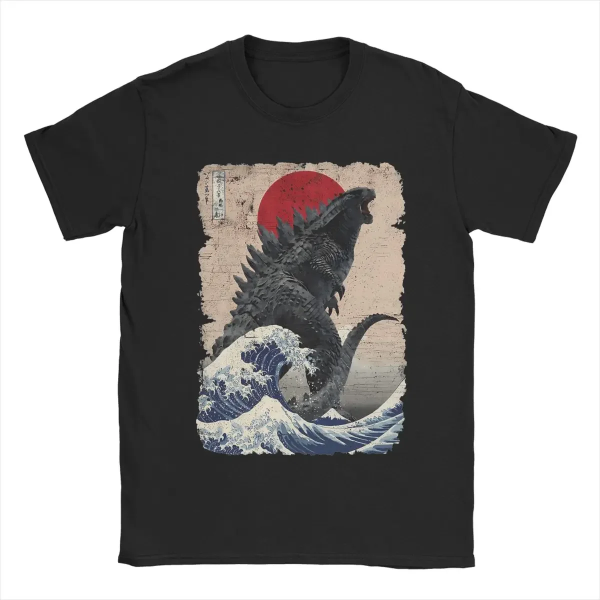 Men Crew Neck Pure Cotton T Shirts Short Sleeve Tees  Unique Japanese Godzillaed Great Wave T-Shirt  4XL 5XL Clothes tshirt