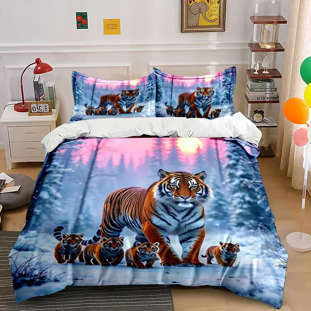 Tiger Family Winter Decor Multiple sizes kid's and adults' bedroom Exquisite 3PC bedding set, gift