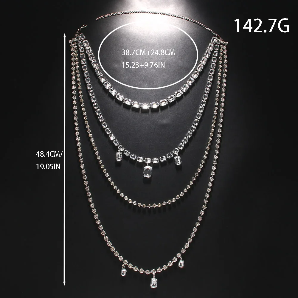 سلسلة جسم بشراشيب طويلة من حجر الراين اللامع للنساء ، متعددة الطبقات ، قلادة مربعة كبيرة ، سلسلة كتف ، مجوهرات جسم كريستال