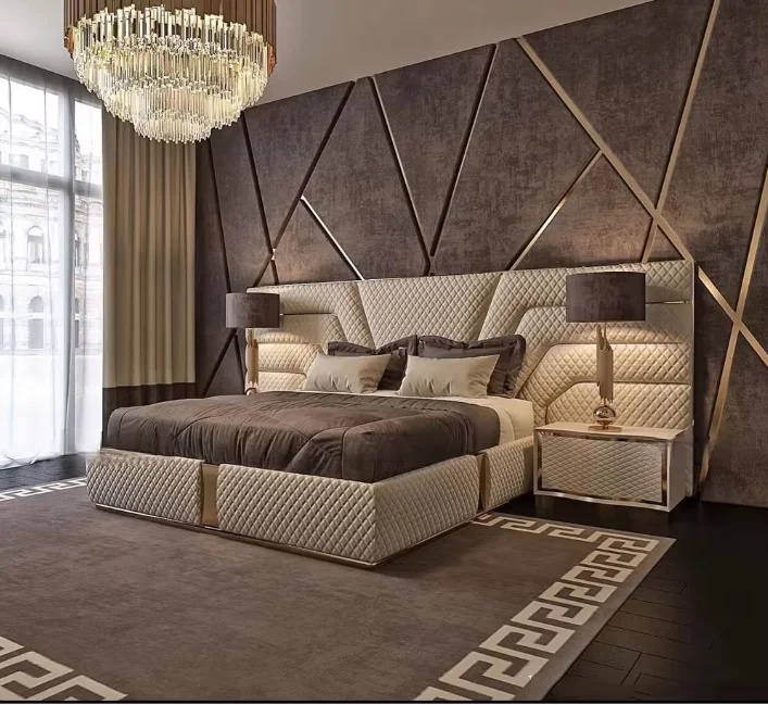 *King Size Modern Italian Latest Double Bed Designer Furniture Set Leather Luxury Bed With Storage and Two Bedside Table