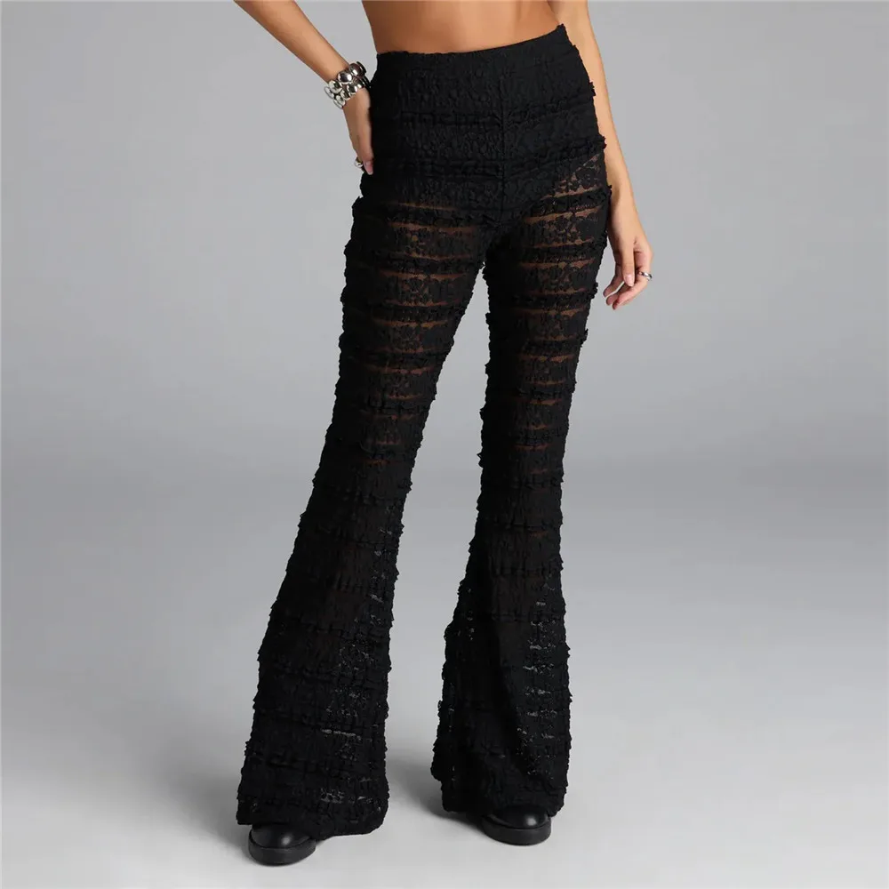 Women's Floral Lace Trousers High Elastic Waist Casual Soild Color See Through Flare Pants Retro Vintage Y2K Aesthetic Clothes