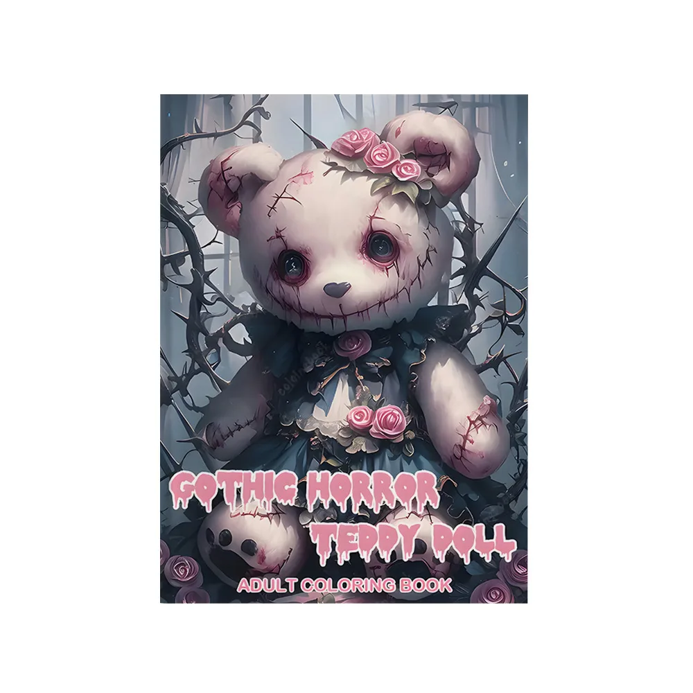 Gothic Horror Teddy Doll Adult Coloring Book Dark Creepy Stitched Teddy Rose Thorn Horror Relax Art Book For Adults