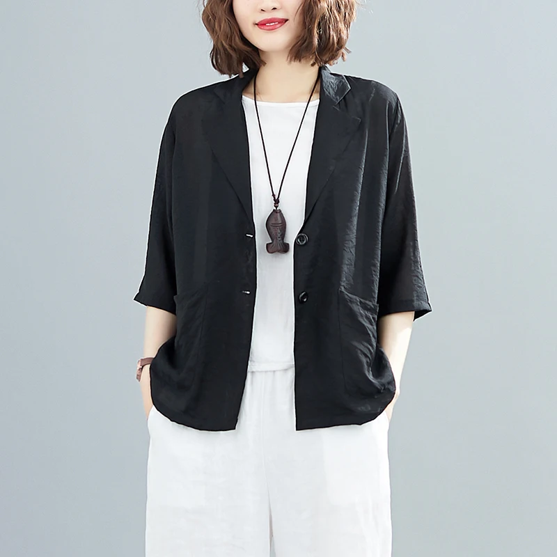 

Artistic Summer Loose Fit Cotton Linen Women's Suiting Casual Thin Sle Sun Protection Outerwear Coat Slimming Effect
