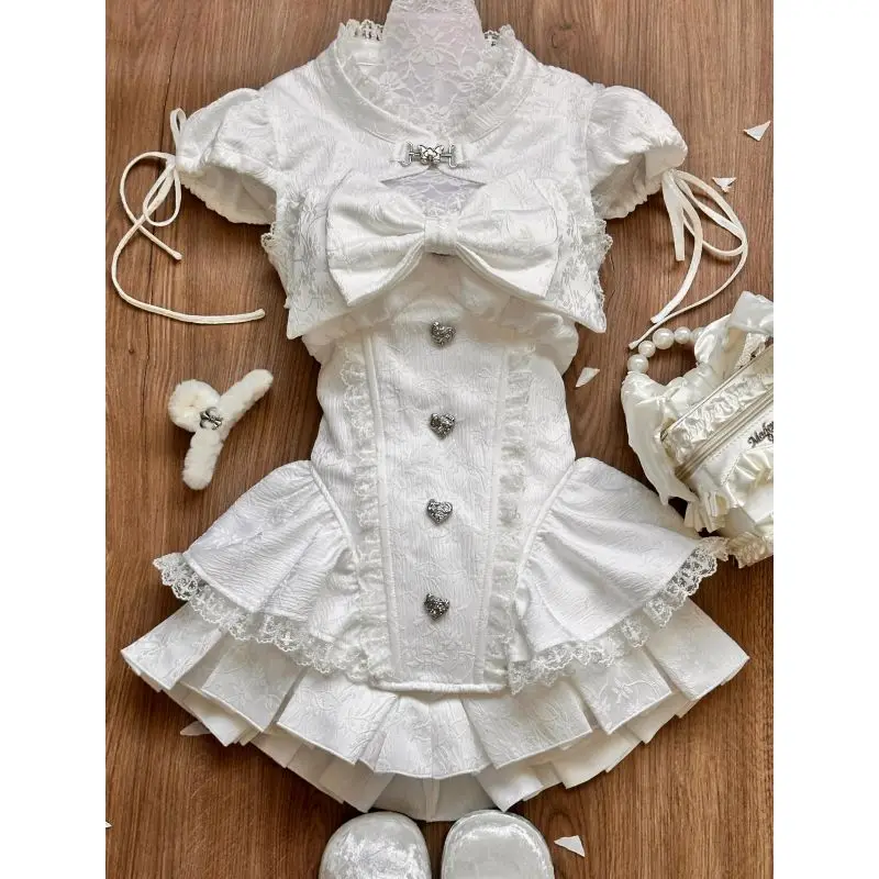 Heart Button Hollow Out Big Bow Bubble Short Sleeved Top Pleated Skirt Two Piece Sets Womens Outifits Crop Shirt Lolita Dress view 4