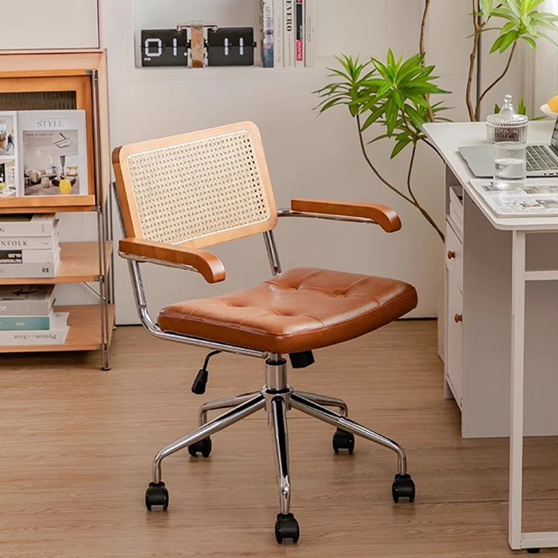 

Rattan Computer Chair Office Home Comfort Sedentary Solid Wood Chair Study Retro Lifting Medieval Swivel Poltrone Furniture