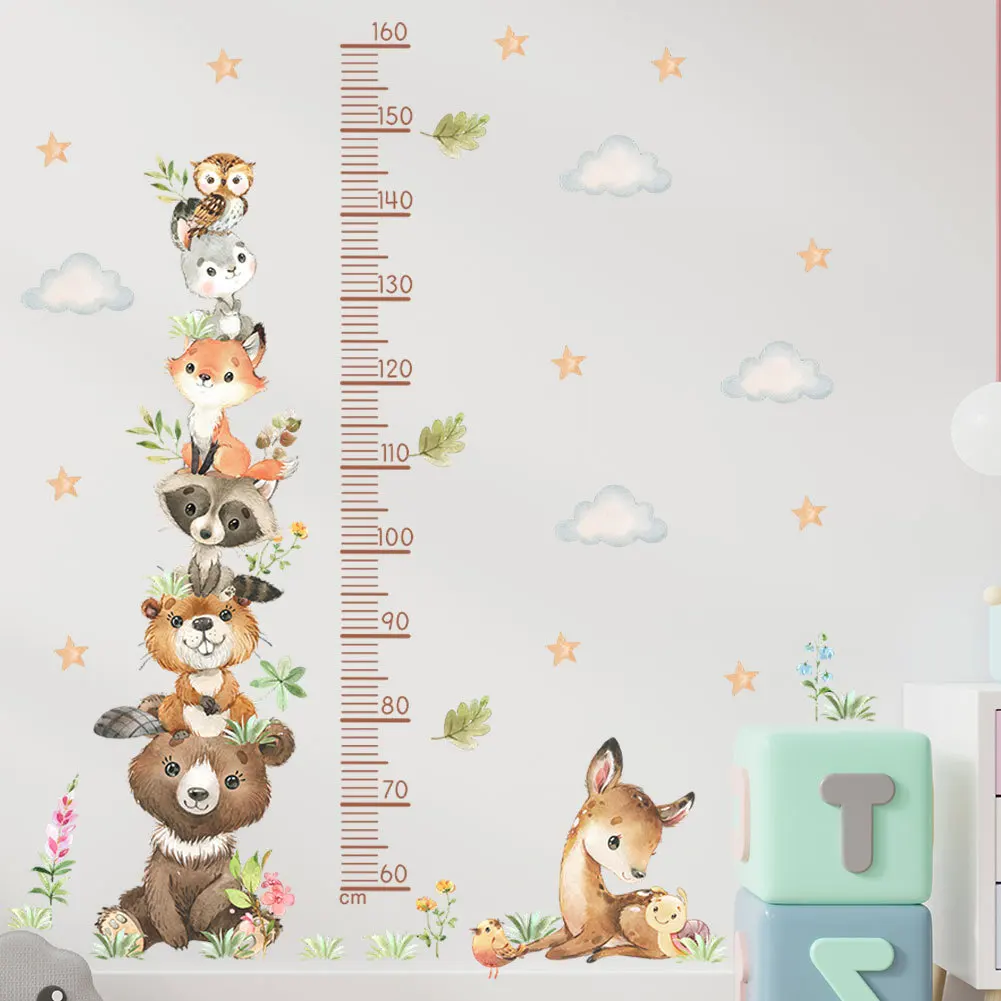 Nordic Forest Animals Height Measure Wall Stickers for Kids Girls Boys Baby Room Decoration Growth Chart Wallpaper Self-adhesive