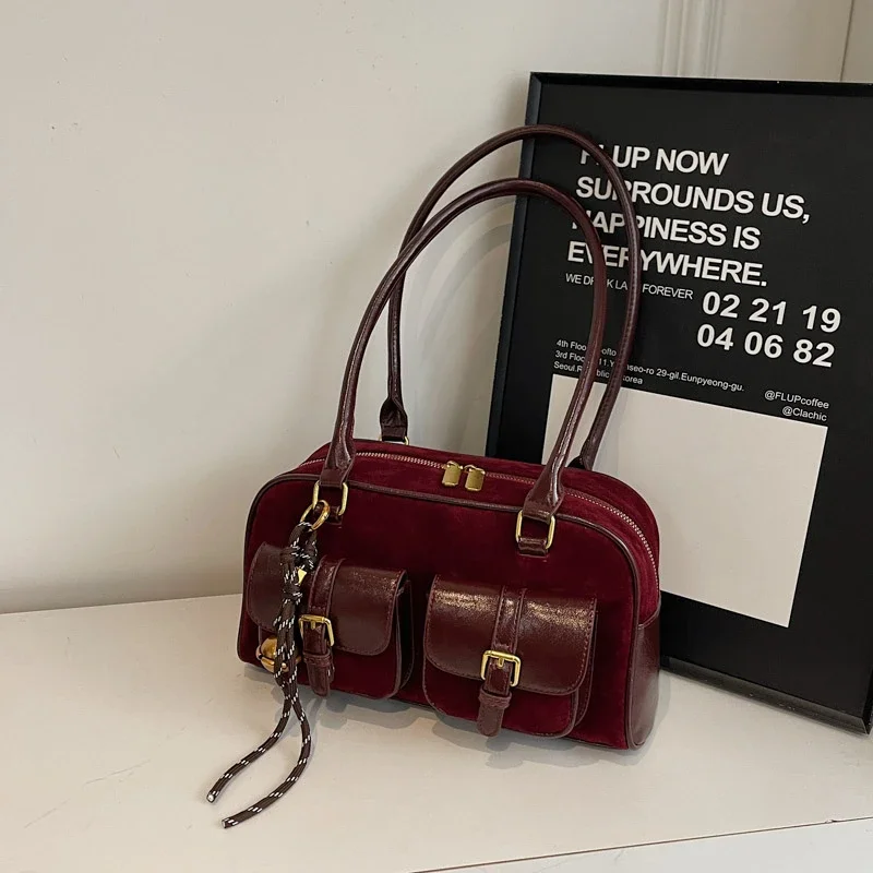 버클 봉제 장식 고품질 인조 스웨이드 숄더백, 단색 더블 지퍼 핸드백 2024, 여성용 핫 세일 가방