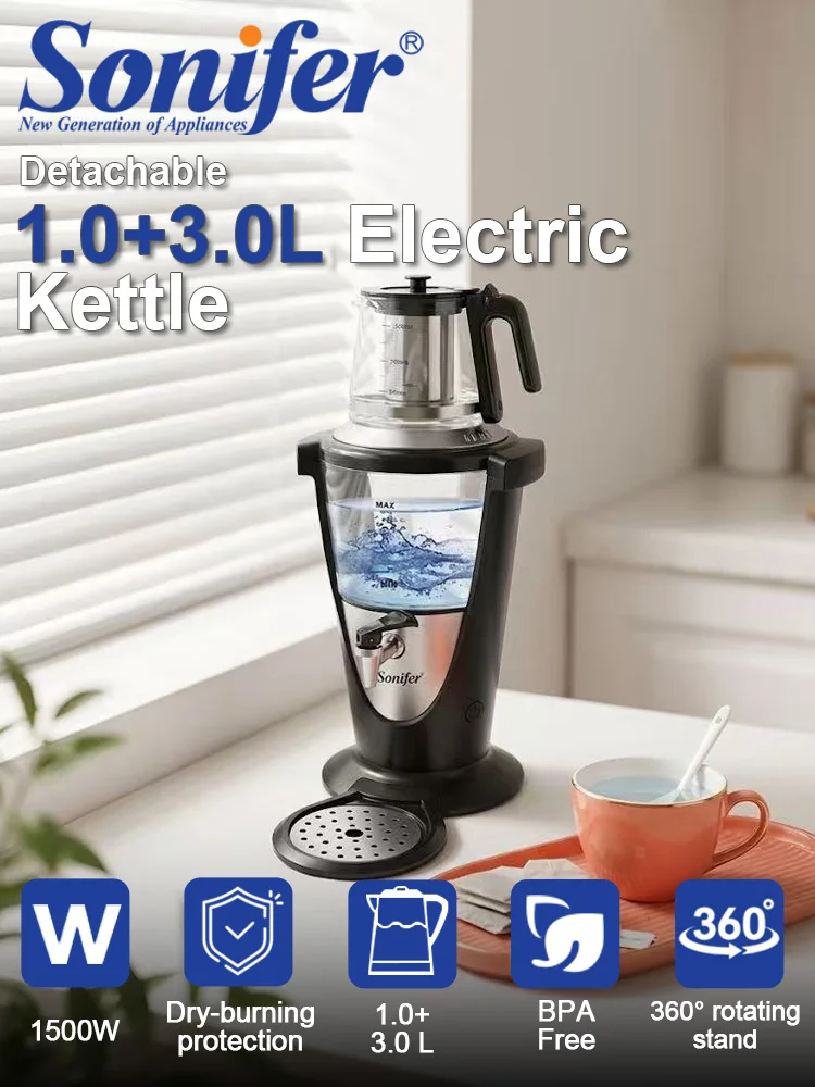 Sonifer SF-2144 Glass Electric Samovar 3L Water Kettle 1L Teapot 1500W Tea Maker with Red Blue LED Light Auto Keep Warm 220V