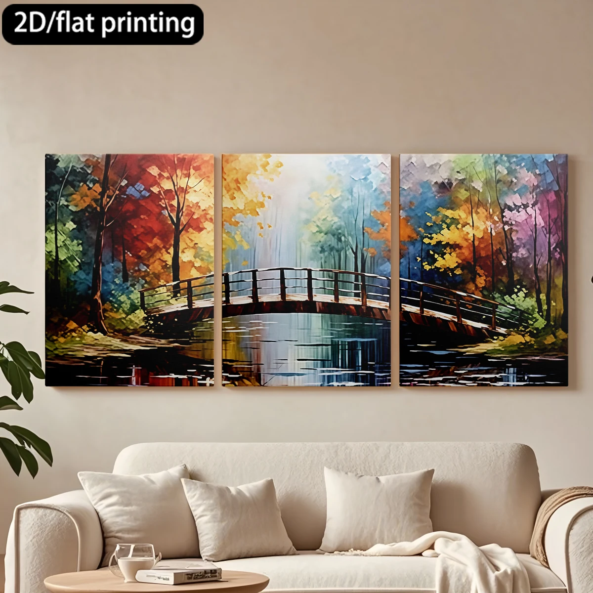 Juego de 3 Cuadros Decorativos con Marco de Madera, Puente, Estanque Reflectante, Bosque Otoñal. Decoración para Pasillo y Sala de Estar