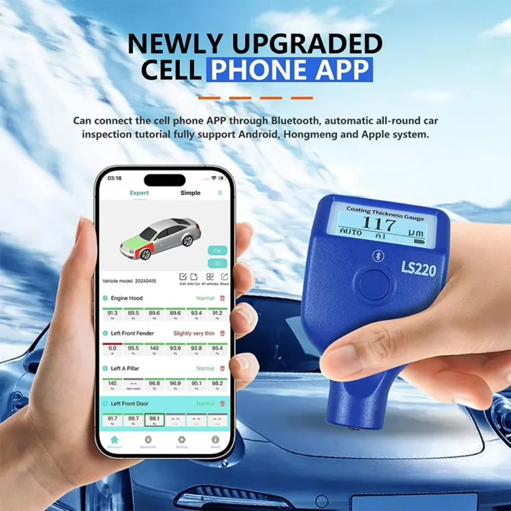 LS220 Bluetooth Enabled Paint Coating Thickness Tester 0-3500μm 0.1μm Fe NFe Probe for Auto Car Paint Film Thickness Gauge